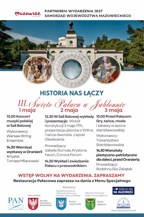 Na zdjęciu Pałac w Jabłonnie i cała rozpiska dotycząca zaplanowanych w ramach majówki wydarzeń