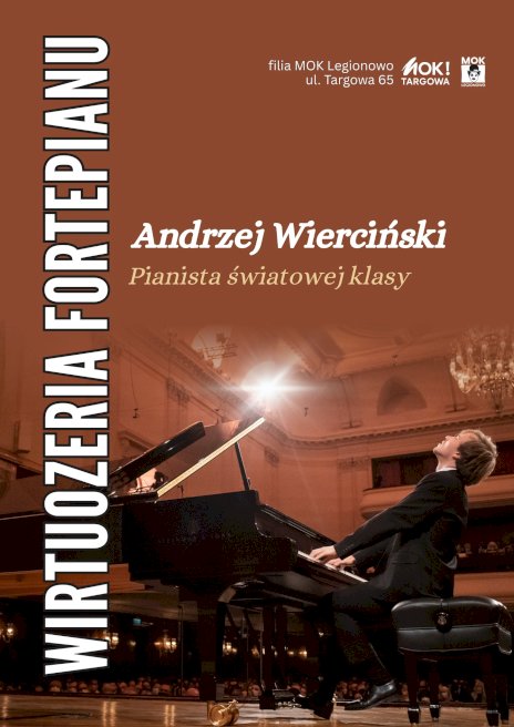 Na brązowym tle widać muzyka ubranego elegancko i grającego na fortepianie