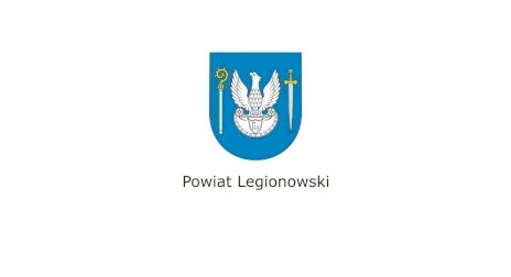 Herb Powiatu Legionowskiego. Biały orzeł na niebieskiej tarczy, po bokach figury heraldyczne miecz i pastorał.