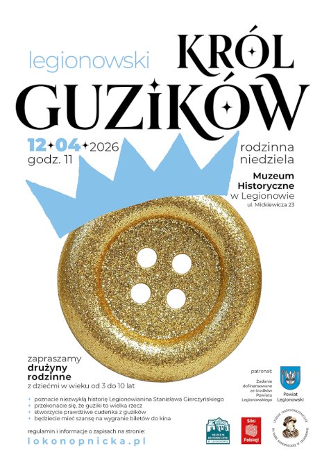 Plakat z dużym, złotym guzikiem