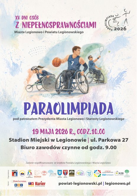Plakat wydarzenia z osobą z niepełnosprawnością poruszającą się na wózku inwalidzkim trzymającą piłkę doi koszykówki