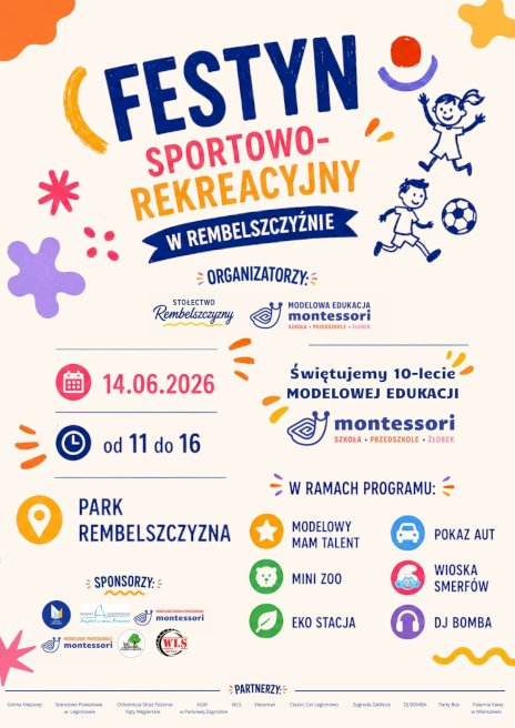 Na zdjęciu plakat beżowy z postaciami dzieci grającymi w piłkę