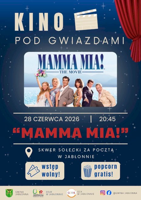 Na plakacie widać granatowe tło z gwiazdami ze zdjęciem z filmu Mamma Mia, na którym stoi łącznie szóstka aktorów