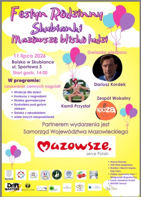 Na żółtym plakacie widać balony i harmonogram wydarzenia