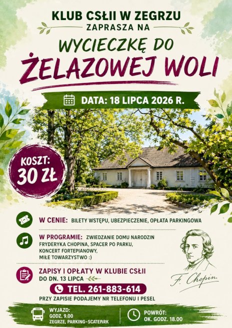 Na plakacie widać dom Fryderyka choina w otoczeniu zieleni