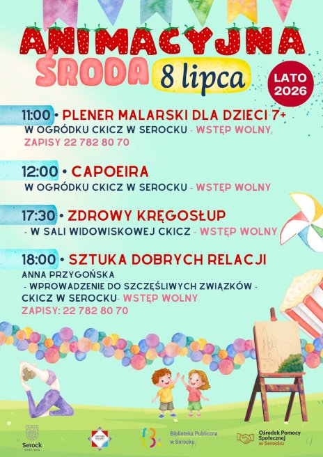 Plakat wydarzenia na którym widać balony, popcorn i dzieci