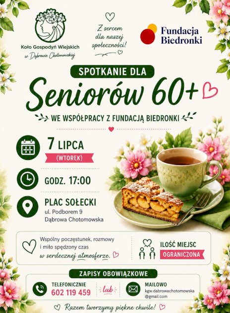 Na plakacie widać filiżankę i szarlotkę ukrojoną i położoną na talerzyku obok