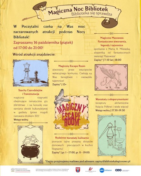 Na żółtym tle widać grafiki między innymi szachów czy magicznego kotła, na pozostałej części przedstawiony jest harmonogram wydarzeń