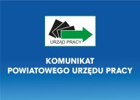 Biały napis na granatowym tle - Komunikat Powiatowego urzedu Pracy. Logo PUP w Legionowie.