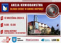 plakat reklamujący akcję krwiodawstwa z napisem w pierwszym wersie Akcja Krwiodawstwa a poniżej „Blisko Ciebie w Gminie Nieporęt” z lewej strony data godzina i miejsce wydarzenia po prawej zdjęcie ratusza