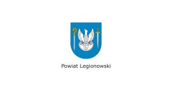 Herb Powiatu Legionowskiego. Biały orzeł na niebieskiej tarczy, po bokach figury heraldyczne miecz i pastorał.