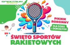 grafika pikniku rodzinnego pn.: Święto Sportów Rakietowych na środku plakatu kolorowa rakieta tenisowa podpisana nazwą wydarzenia