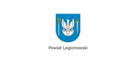 Herb orzeł z na błękitnym tle z mieczem i pastorałem z podpisem Powiat Legionowski