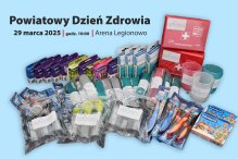 gadzety na danrody: pojemniki na szczoteczki, szczoteczki, kubeczki, plasterki, apteczki, napis: Powiatowy Dzień Zdrowia