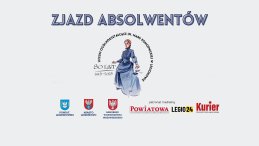 Grafika z napisem zjazd absolwentów, 80 lat LO Konopnickiej, rysunek Marii Konopnickiej, logotypy