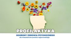 zielone tło, imitacja głowy, wystają z niej kwiaty, napis: profilatyka zdrowia psychicznego