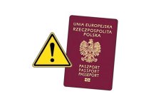 Na zdjęciu jest okładka paszportu i znak ostrzegawczy.