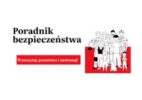 Na biało-czerownym tle widać rysunek grupy osób i psa