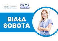 Grafika u góry logo Poiwatu Legionowskiego oraz NZOZ Legionowo, poniżej napis Biała Sobota, po prawej zdjęcie przedstawiające młodą pielegniarkę.