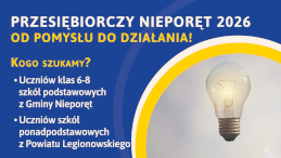 Zdjęcie przedstawia granatowe tło z białym napisem dotyczącym dla kogo jest konkurs, a obok na białym półokręgu jest grafika żarówki
