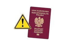 na zdjęciu paszport oraz znak ostrzegawczy