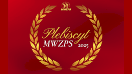 grafika na czerwonym tle z złtymi laurami i napise, plebiscyt MWZPS 2025