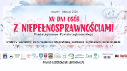 Widoczna jest podłużna grafika z beżowymi kwiatkami z dużym różowym napisem XV Dni Osób z Niepełnosprawnościami