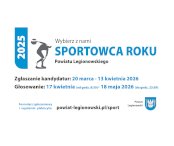 Grafika z napisem Wybierz z nami sportowca roku 2025 Powiatu Legionowskiego