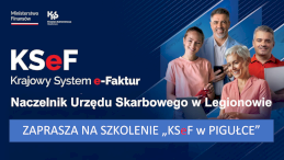 Granatowa grafika z ludźmi w prawym górnym rogu i dużymi białymi napisami informującymi o darmowym szkoleniu KSeF