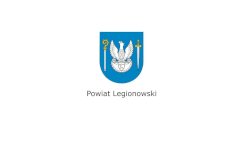 Herb Powiatu Legionowskiego. Biały orzeł na niebieskiej tarczy, po bokach figury heraldyczne miecz i pastorał.