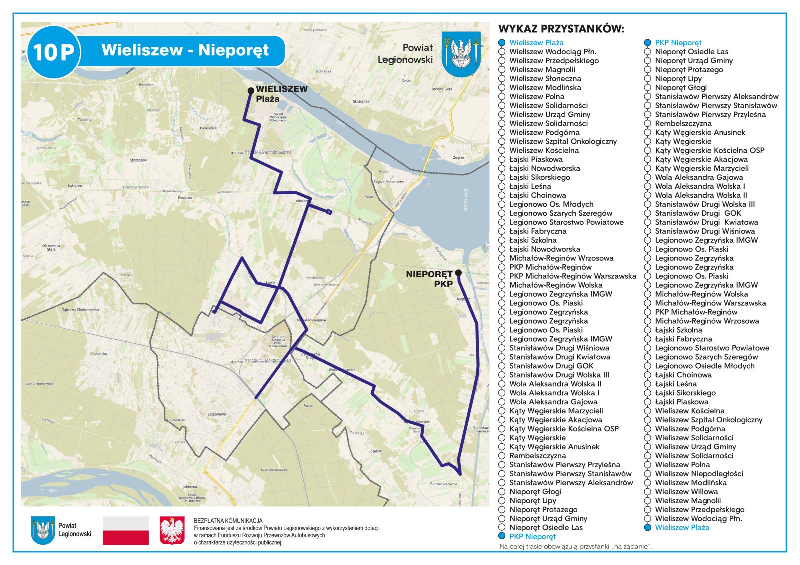 Mapa przebiegu linii 10P na trasie: Wieliszew Plaża > Łajski (ul. Nowodorska, ul. Suwalna) > Legionowo (ul. Suwalna, Centrum Przesiadkowe Olszankowa, ul. Szarych Szeregów, ul. Fabryczna) > Łajski (ul. Kościelna) > Michałów-Reginów > Legionowo (ul. Warszawska) >Nieporęt PKP