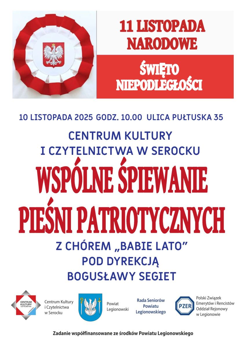 Plakat z białym tłem, kotylionem w lewym rogu i flagą Polski w prawym górnym rogu