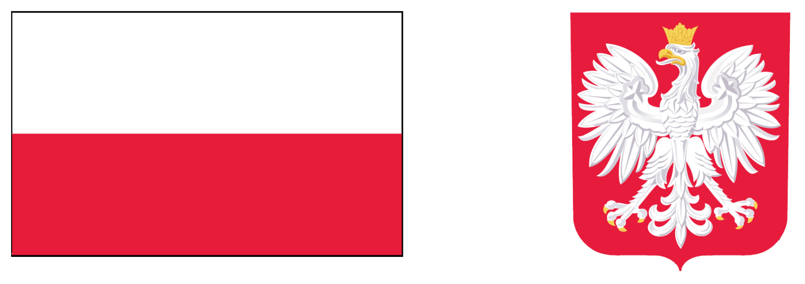Po lewej flaga Polski, po prawej Godło