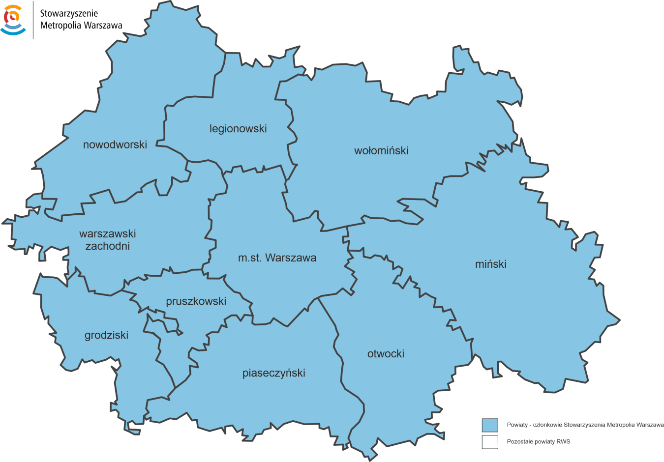 Grafika przedstawiająca mapę gmin wchodzacych w skład Stowarzyszenia Metropolia Warszawa