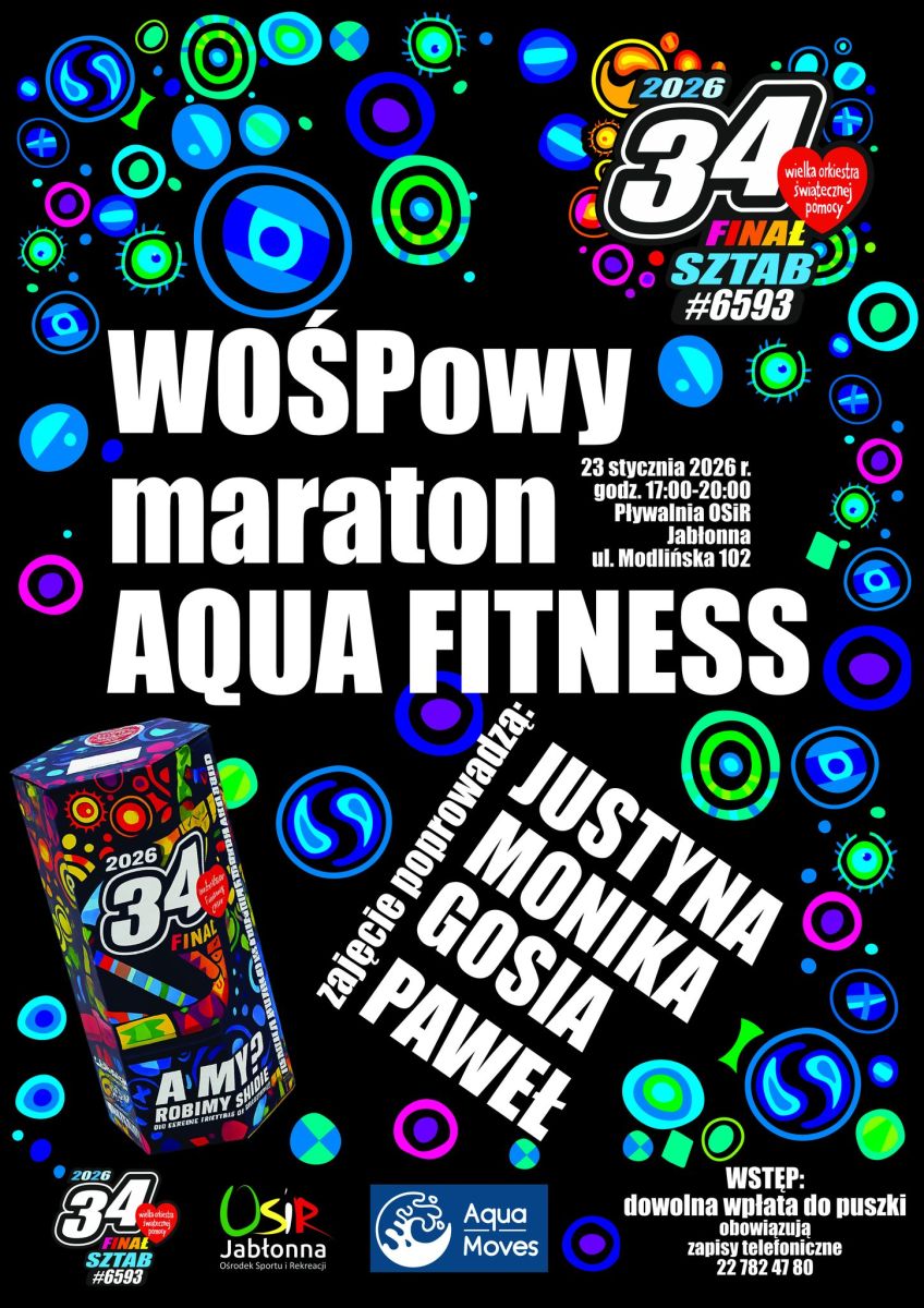 34. Finał Wielkiej Orkiestry Świątecznej Pomocy w Gminie Jabłonna. WOŚPowy Maraton Aqua Fitness na pływalni Ośrodka Sportu i Rekreacji w Jabłonnie