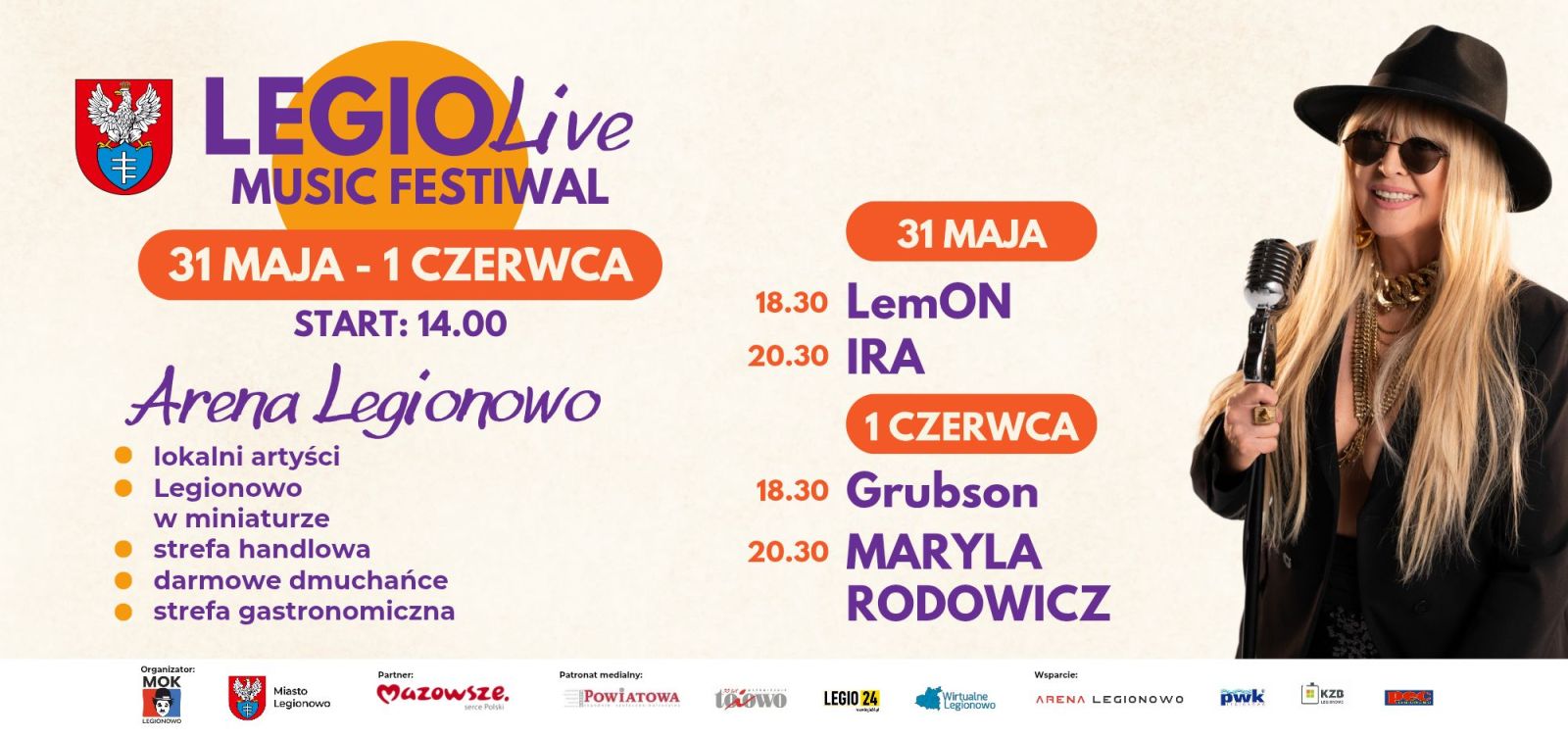 Plakat zapraszający na wydarzenie LegioLive Music Festiwal – Dni Legionowa