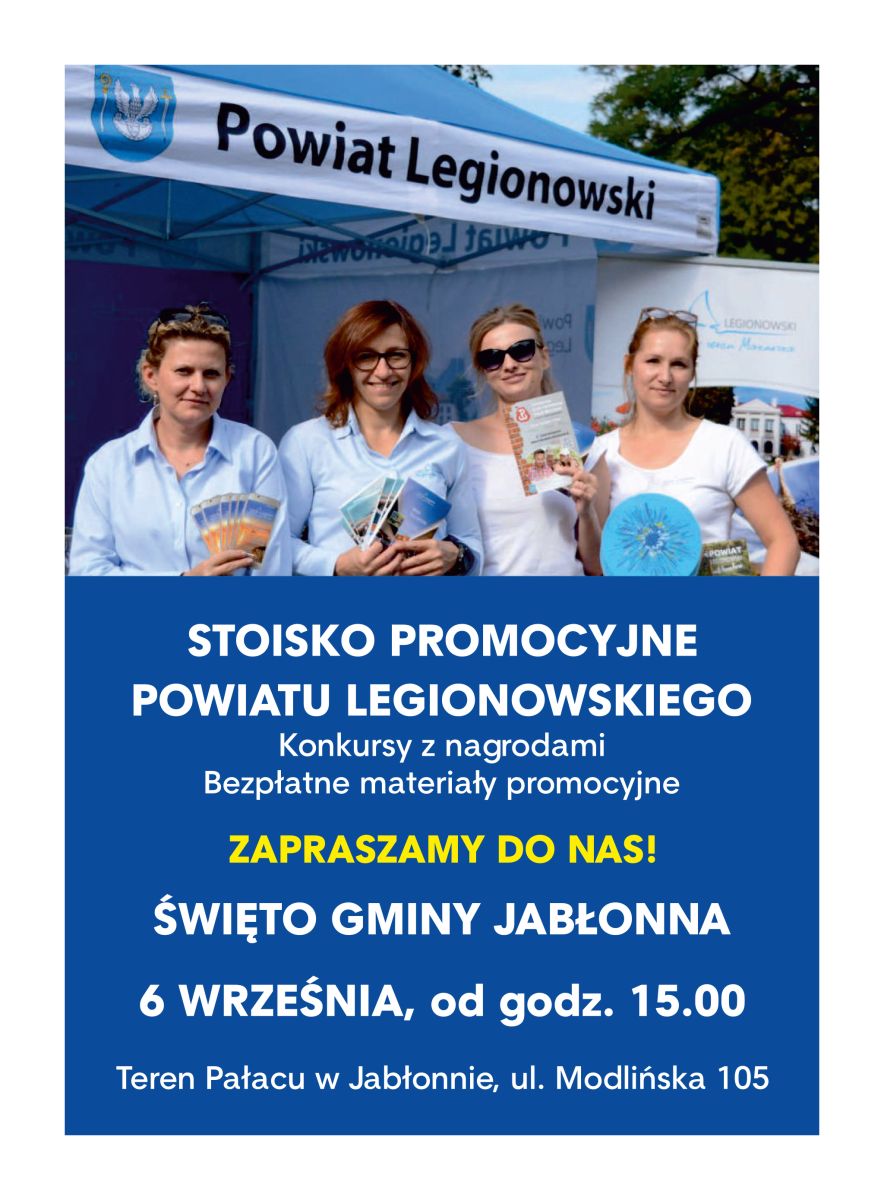 Plakat zapraszający na stoisko promocyjne Powiatu podczas Świeta Gminy Jabłonna