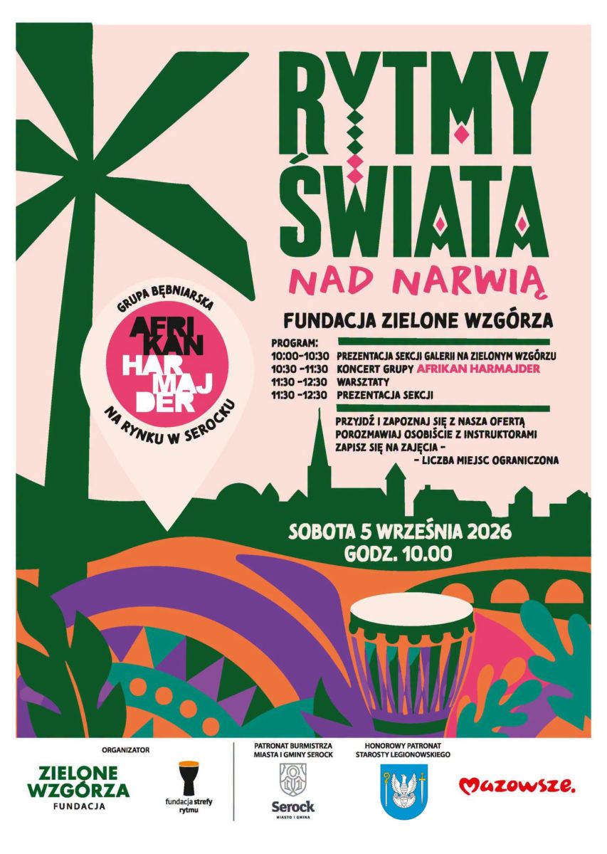 Plakat przedstawiający wydarzenie Rytmy Świata Nad Narwią. Po lewe stronie plakatu palma, na dole zabudowanie mieszkalne, duży instrument bęben do grania