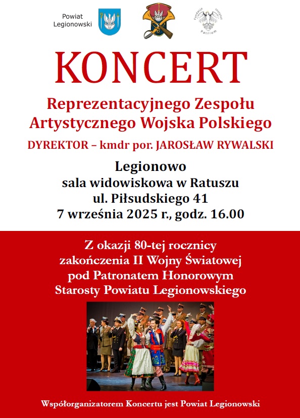 Plakat zapraszający na koncer 7 września godz. 16 sala widowiskowa w ratuszu w Legionowie