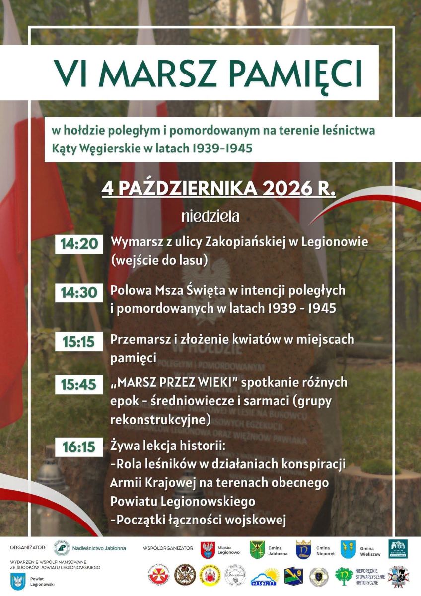 Plakat z zielonym tłem, na którym widać powiewające flagi Polski i harmonogram wydarzenia