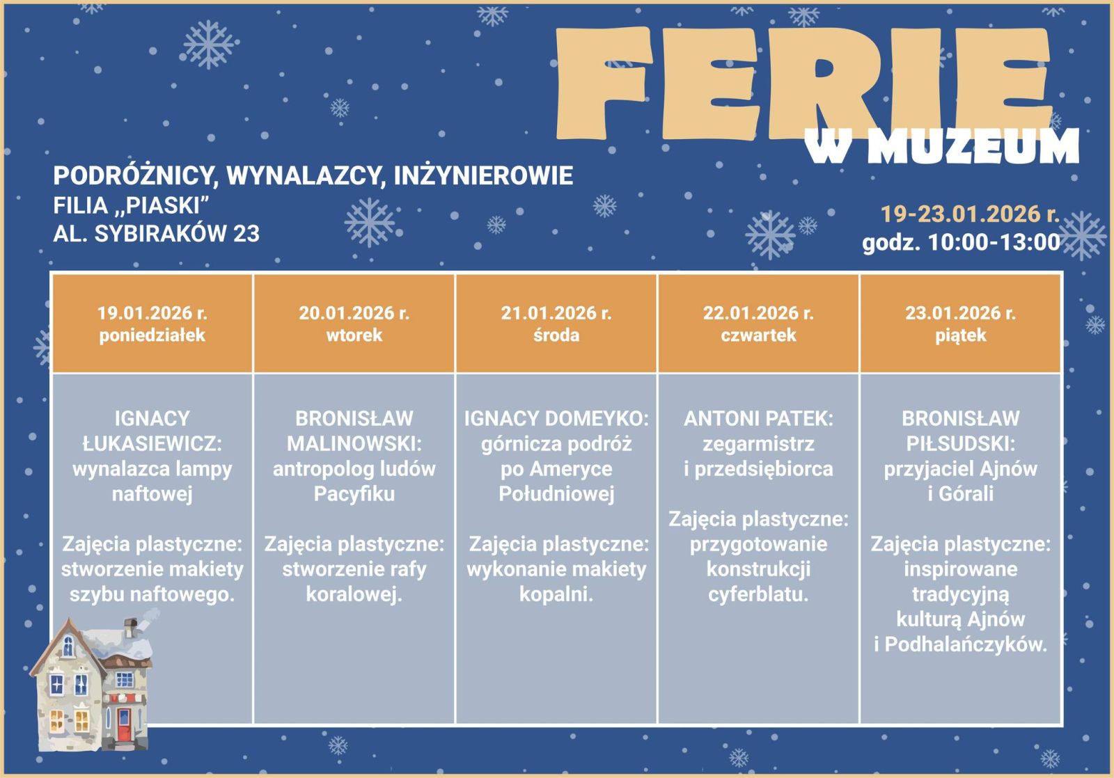 Harmonogram zajęć ferii w muzeum historycznym w Legionowie ul. Al. Sybiraków 23