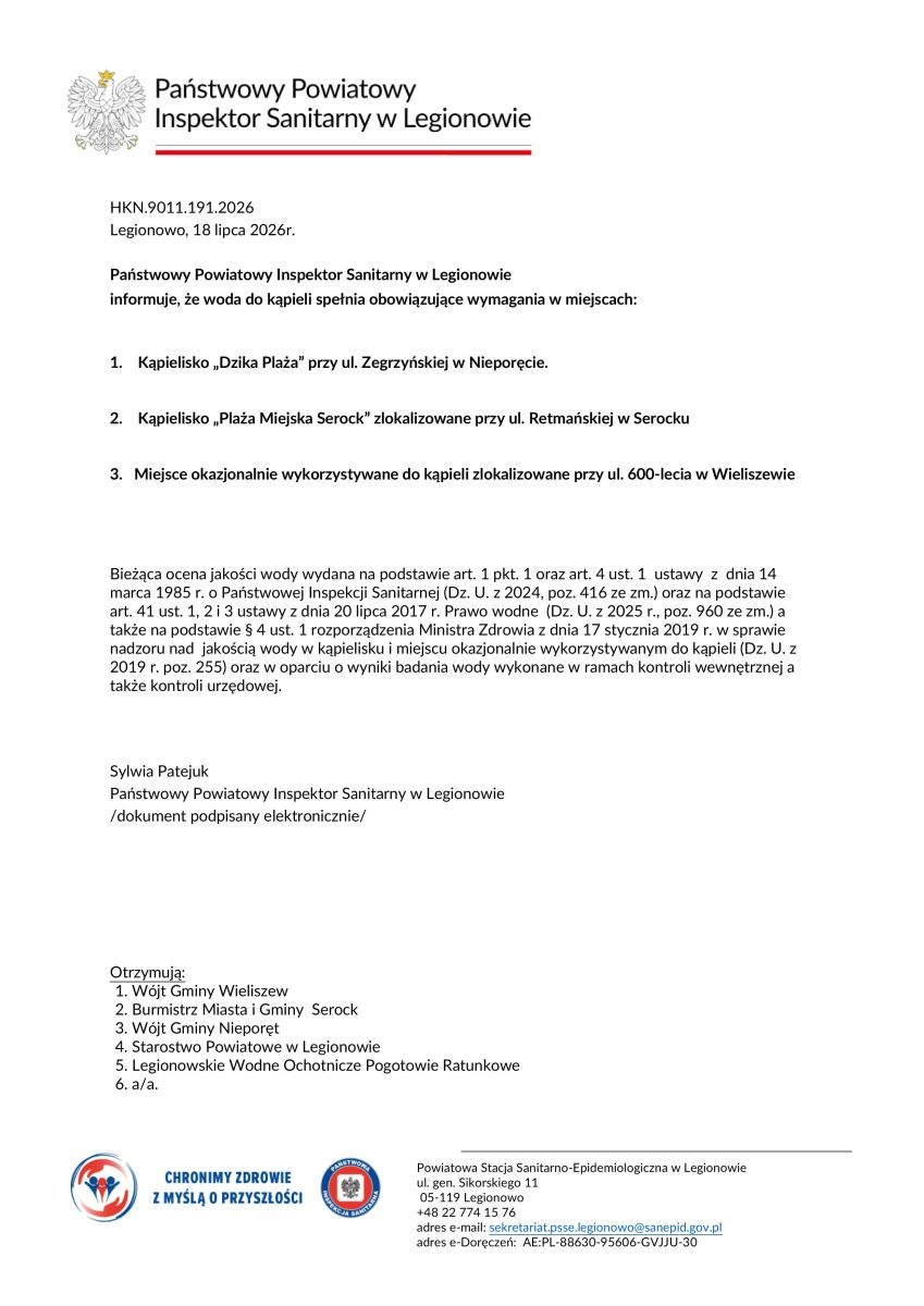 Komunikat Państwowego Powiatowego Inspektora Sanitarnego w Legionowie z dnia 18.07.2026 r. o jakości wody w kąpieliskach.