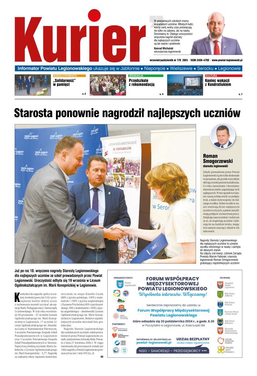 Pierwsza strona gazety Kurier. Informator Powiatu Legionowskiego. Plik PDF z zawartością gazety jest dołączony do aktualności. 