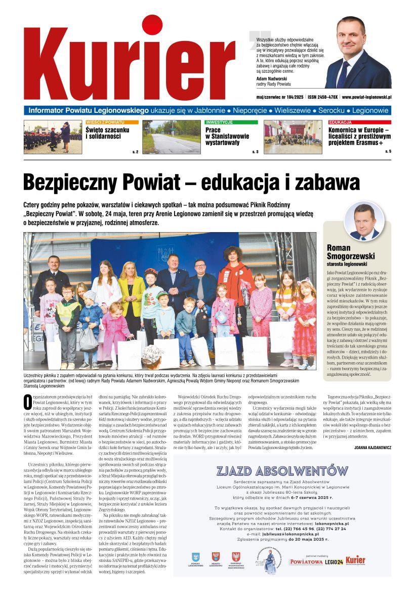 Pierwsza strona Kuriera Informatora Powiatu Legionowskiego nr 184, plik pdf z warstwa tekstowa w załączeniu do aktualności.