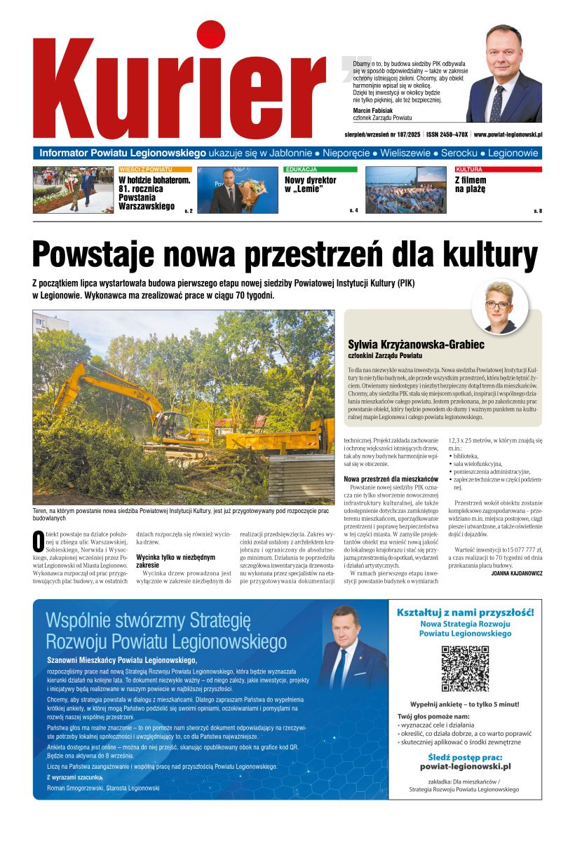 Pierwsza strona gazety Kurier nr 187 sierpień/wrzesień 2025 r. Plik pdf dostępny jako załącznik w tej aktualności.