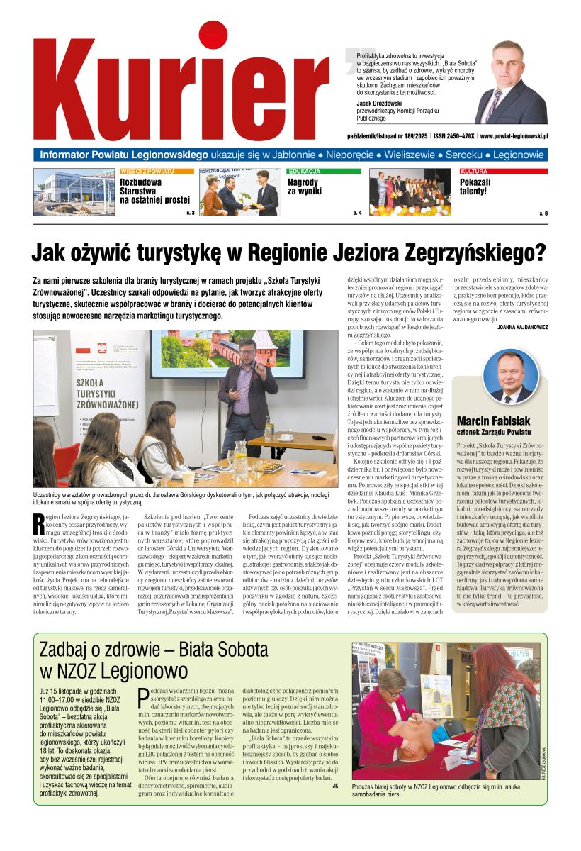 Pierwsza strona gazety Kurier Informator Powiatu Legionowskiego nr 189 październik/listopad. Pdf z całą gazetą dostepny jako załacznik do aktualności.