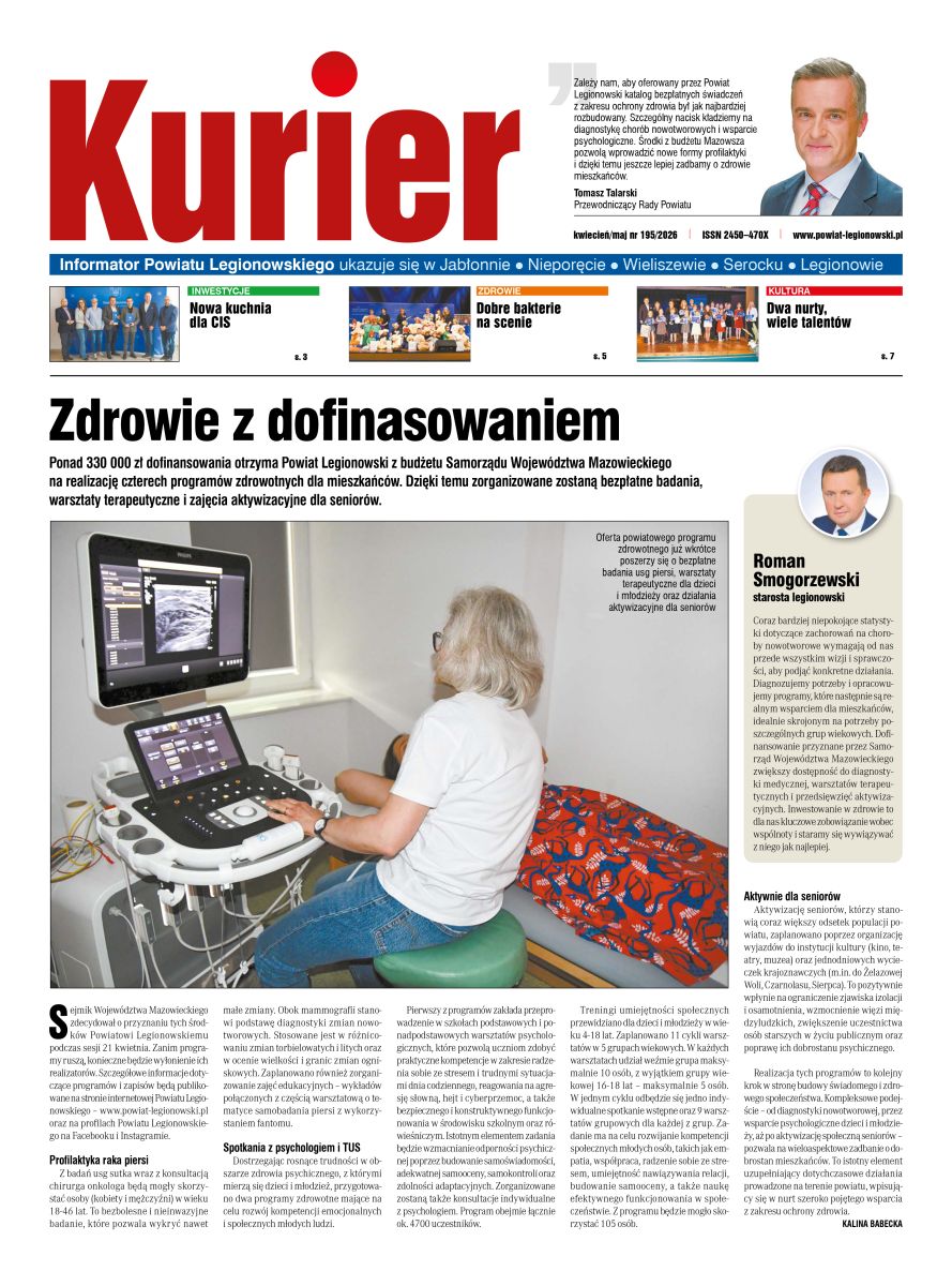 Strona tytułowa gazety Kurier.Informator Powiatu Legionowskiego - kwiecień/maj 2026 nr 195