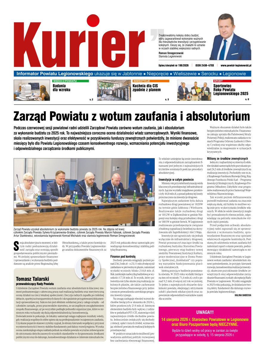 Strona pierwsza Kurier. Informator Powiatu Legionowskiego nr 198 lipiec/sierpień plik pdf do pobrania w aktualności