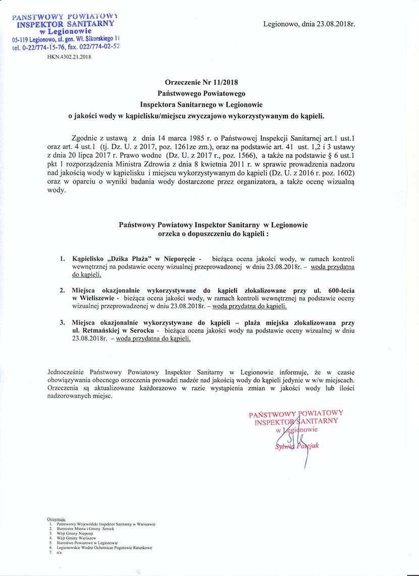 Informacja Państwowego Powiatowego inspektora Sanitarnego o dopuszczeniu do użytkowania kąpielisk w Serocku, Wieliszewie i Nieporęcie.