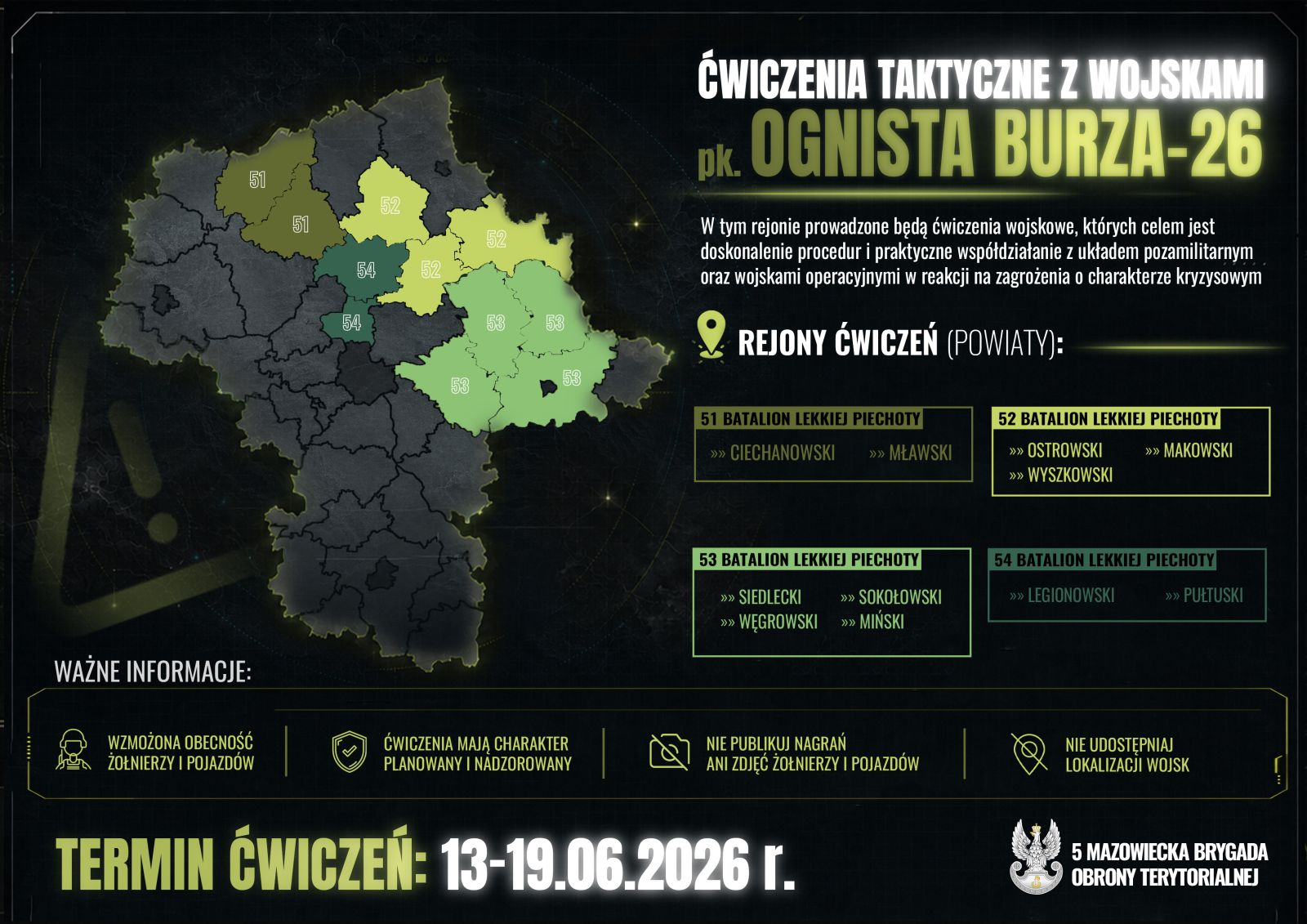 Plakat informacyjny Ćwiczenie taktyczne z wojskami pk. „Ognista Burza–26” - informacje w aktualności 